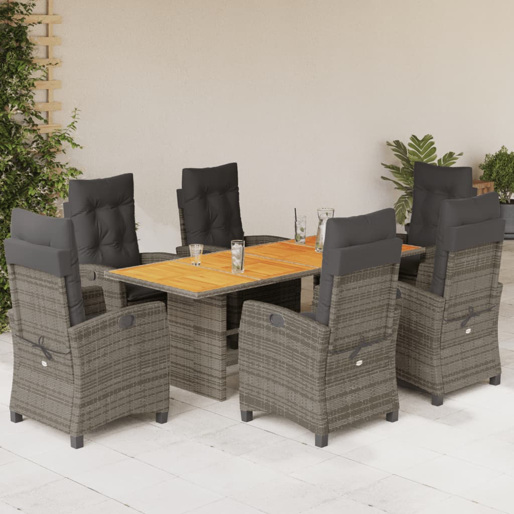 vidaXL 7-tlg. Garten-Essgruppe mit Kissen Grau Poly Rattan