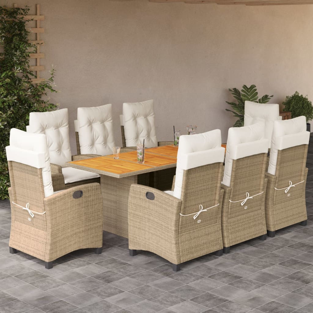 vidaXL 9-tlg. Garten-Essgruppe mit Kissen Beige Poly Rattan