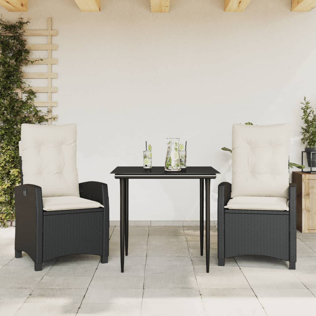 3-tlg. Garten-Essgruppe mit Kissen Schwarz Poly Rattan