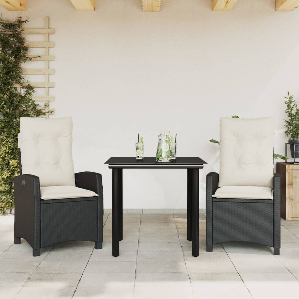 3-tlg. Garten-Essgruppe mit Kissen Schwarz Poly Rattan