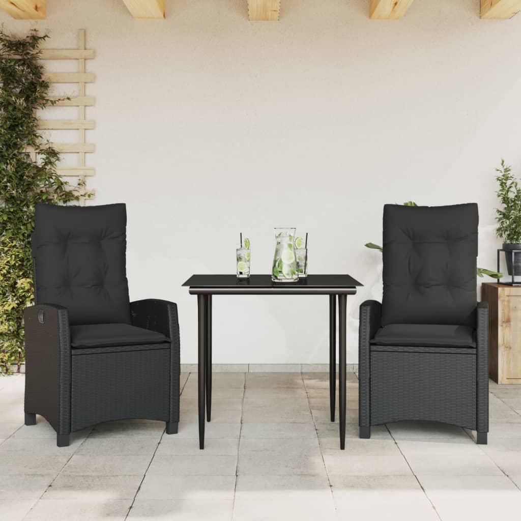 3-tlg. Garten-Essgruppe mit Kissen Schwarz Poly Rattan