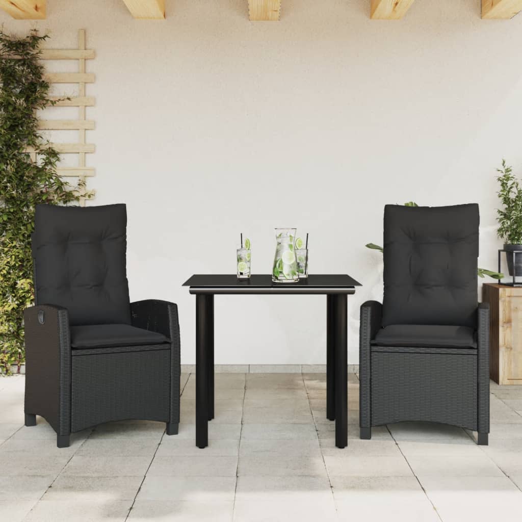 vidaXL Set mobilier de grădină cu perne, 3 piese, negru, poliratan
