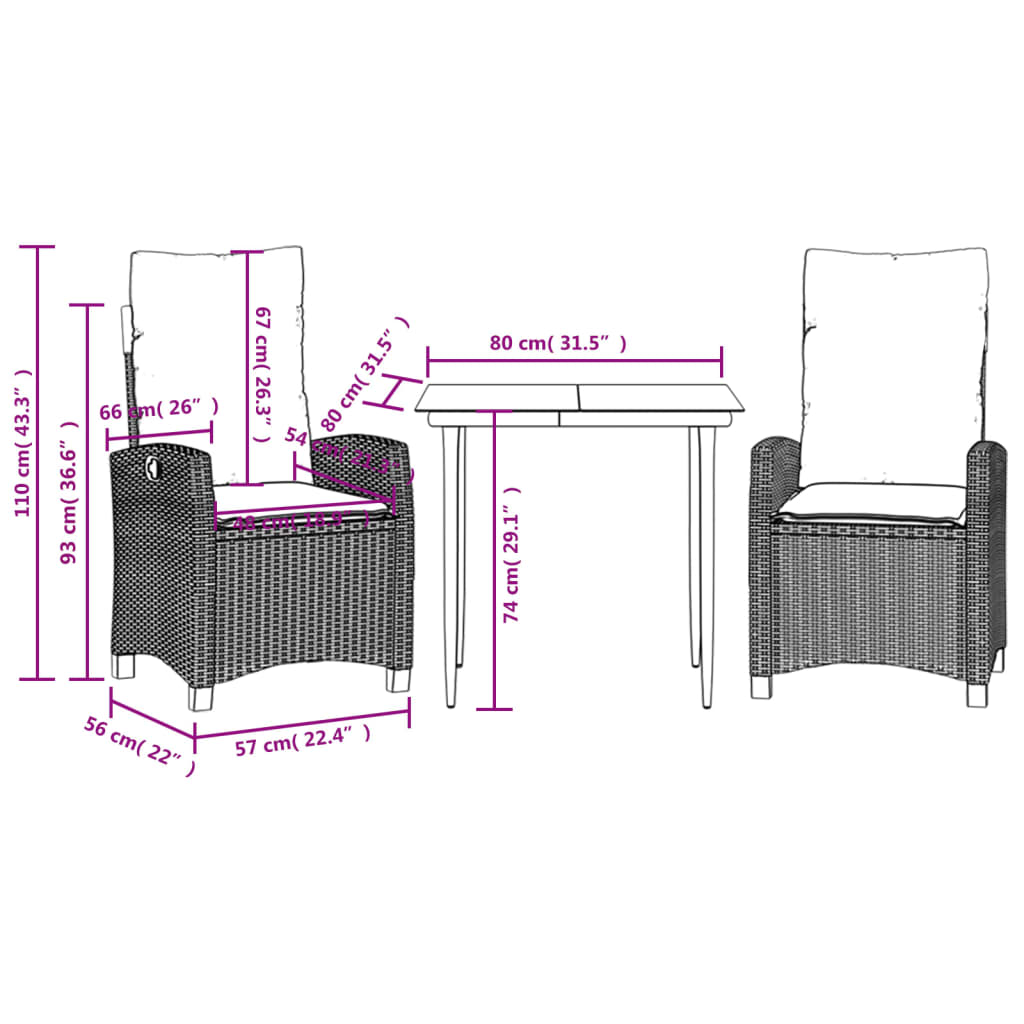 Set mobilier de grădină cu perne, 3 piese, maro, poliratan