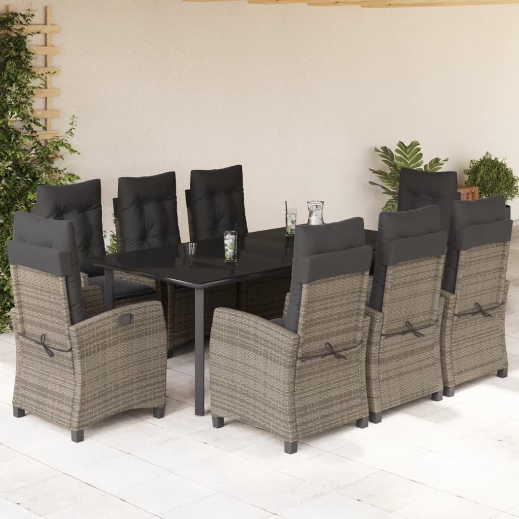 9-tlg. Garten-Essgruppe mit Kissen Grau Poly Rattan