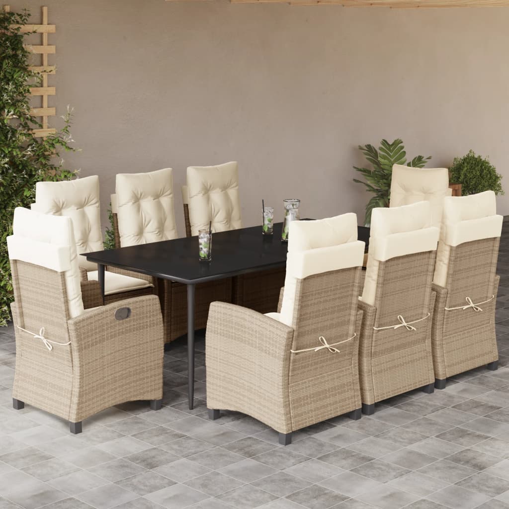 vidaXL Set de masă pentru grădină, 9 piese, cu perne, bej, poliratan