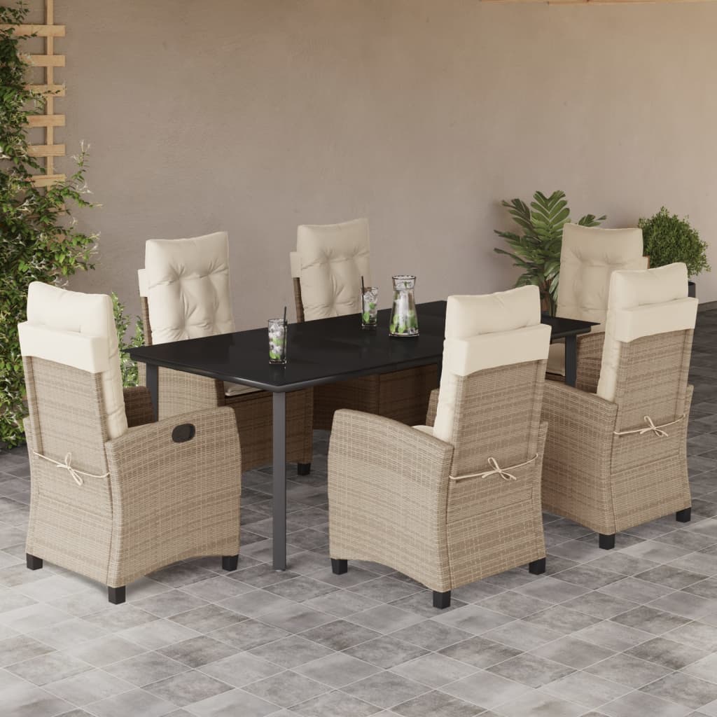 7-tlg. Garten-Essgruppe mit Kissen Beige Poly Rattan