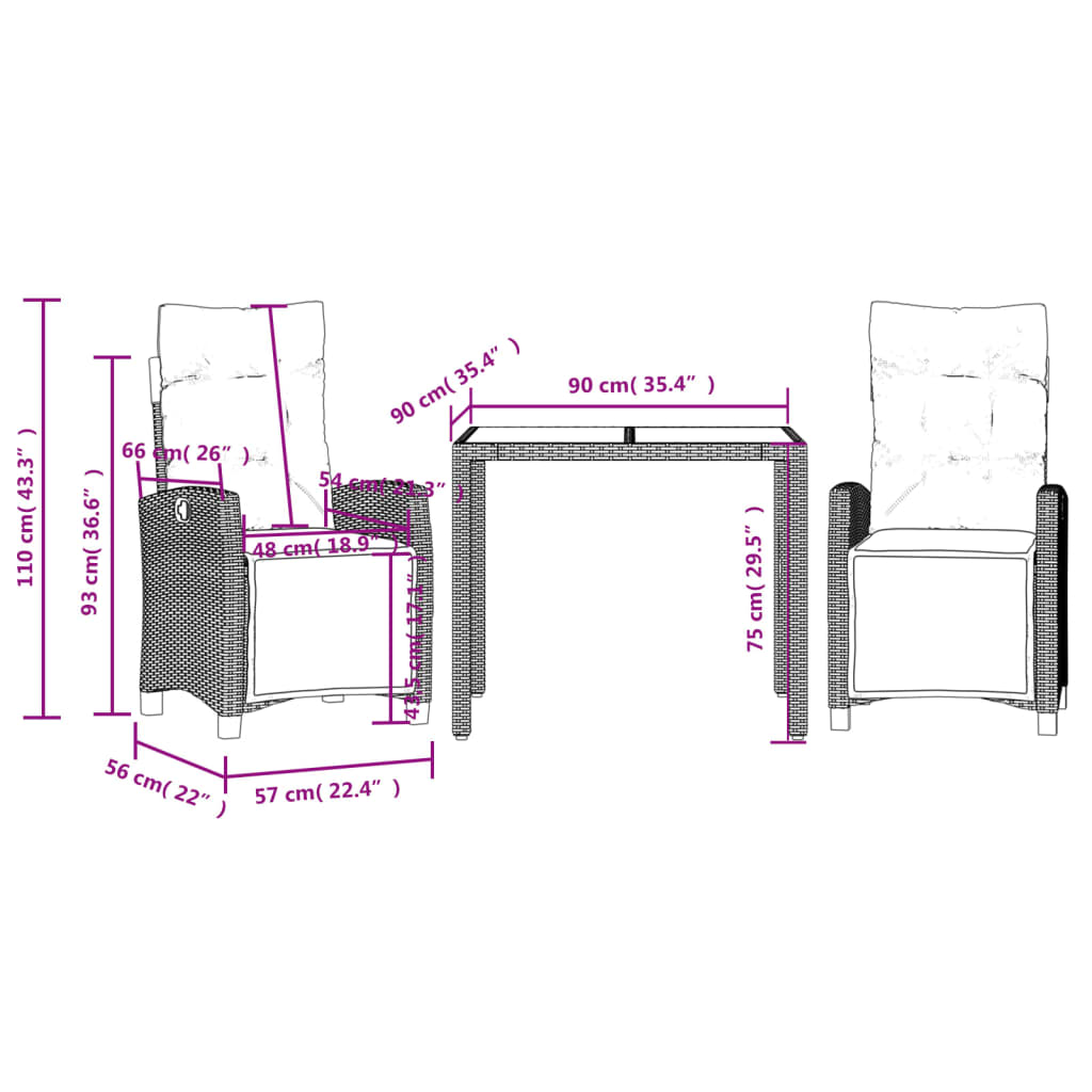 imagem de vidaXL 3 pcs conjunto de jantar p/ jardim c/ almofadões vime PE preto11