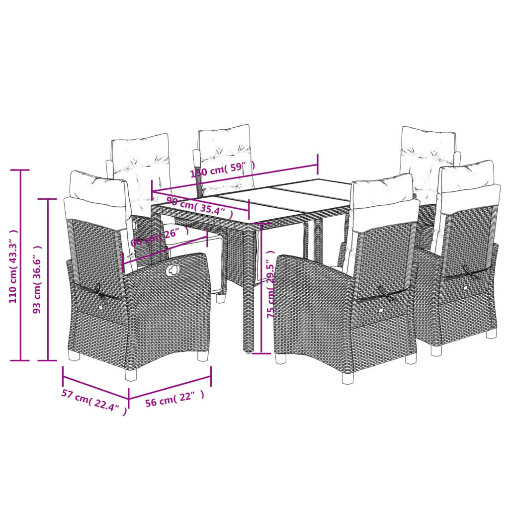 imagem de vidaXL 7 pcs conjunto de jantar p/ jardim c/ almofadões vime PE preto11