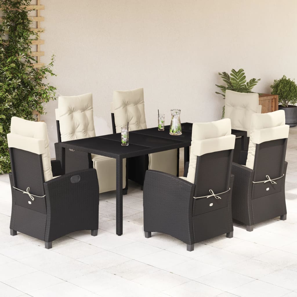 imagem de vidaXL 7 pcs conjunto de jantar p/ jardim c/ almofadões vime PE preto1