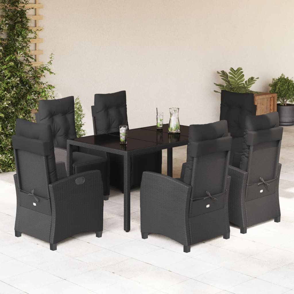 7-tlg. Garten-Essgruppe mit Kissen Schwarz Poly Rattan