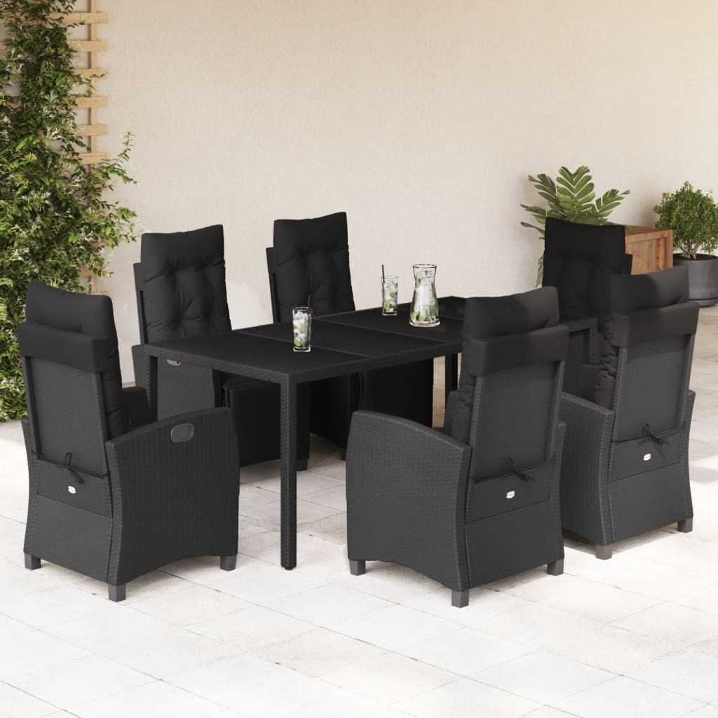 7-tlg. Garten-Essgruppe mit Kissen Schwarz Poly Rattan