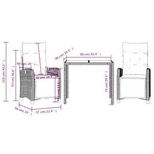 3dílný zahradní jídelní set s poduškami černý polyratan - obrázek 9