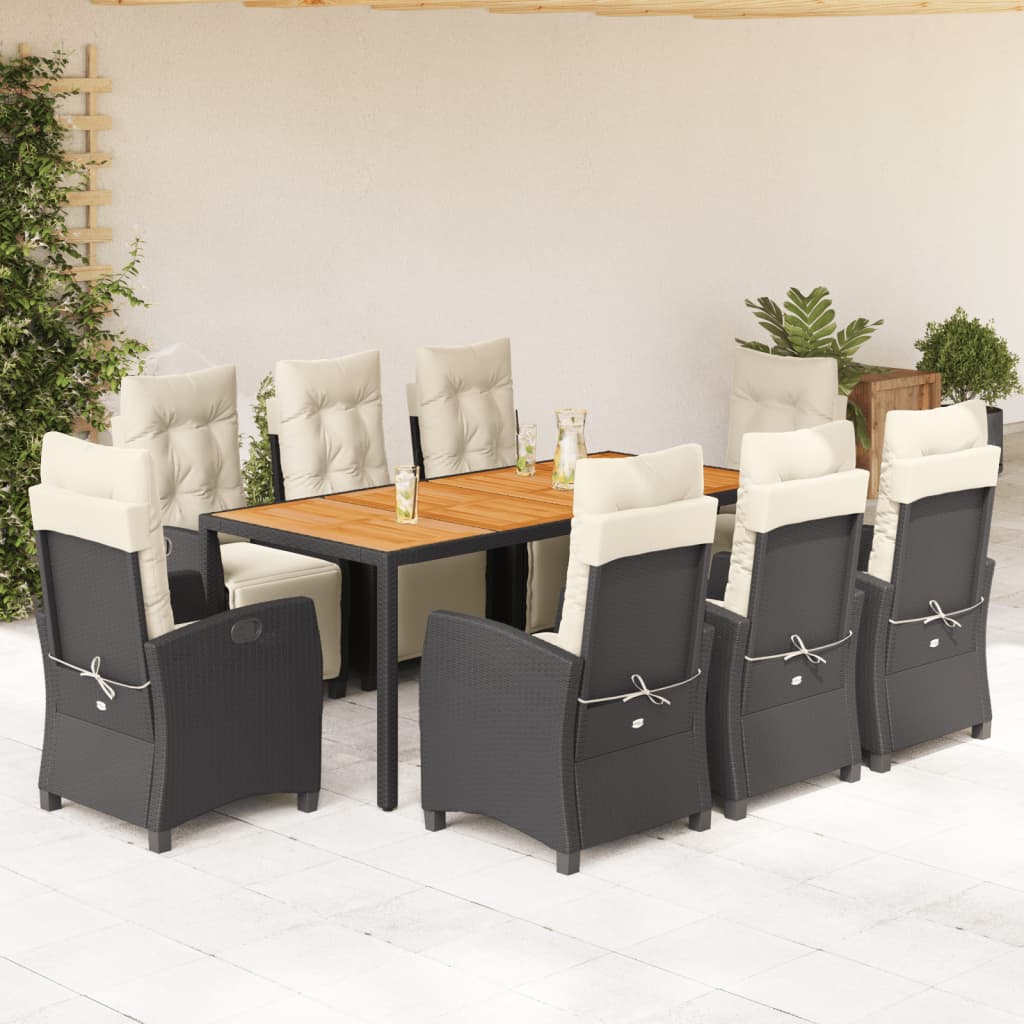 vidaXL 9-tlg. Garten-Essgruppe mit Kissen Schwarz Poly Rattan