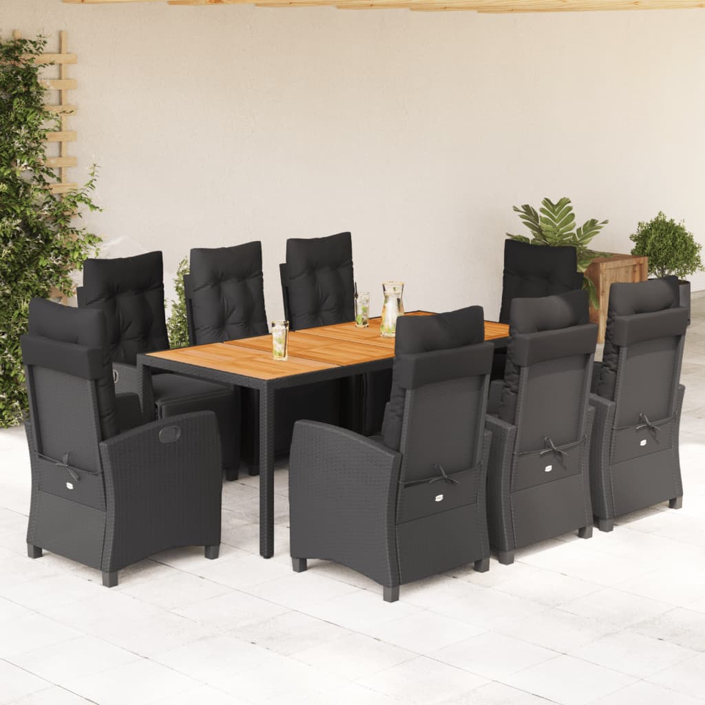 vidaXL 9-tlg. Garten-Essgruppe mit Kissen Schwarz Poly Rattan