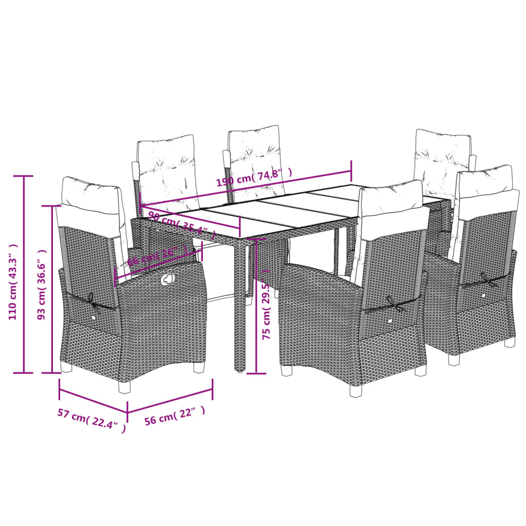 imagem de vidaXL 7 pcs conjunto de jantar p/ jardim c/ almofadões vime PE cinza10