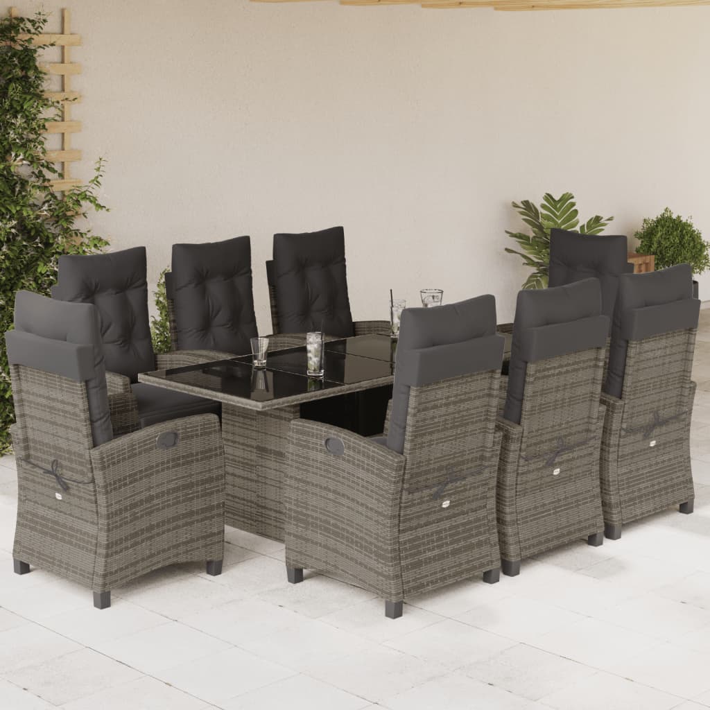 vidaXL 9 pcs conjunto de jantar p/ jardim c/ almofadões vime PE cinza