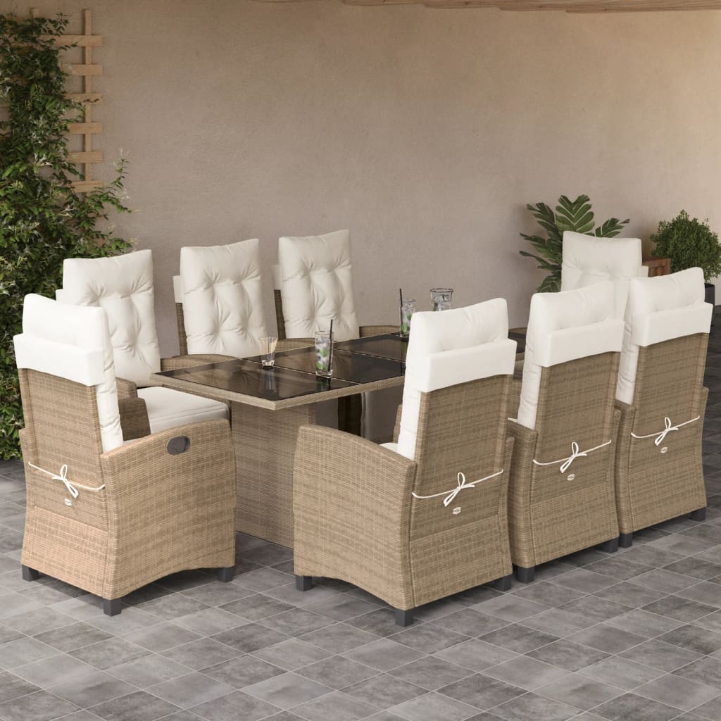 vidaXL Set de masă pentru grădină, 9 piese, cu perne, bej, poliratan