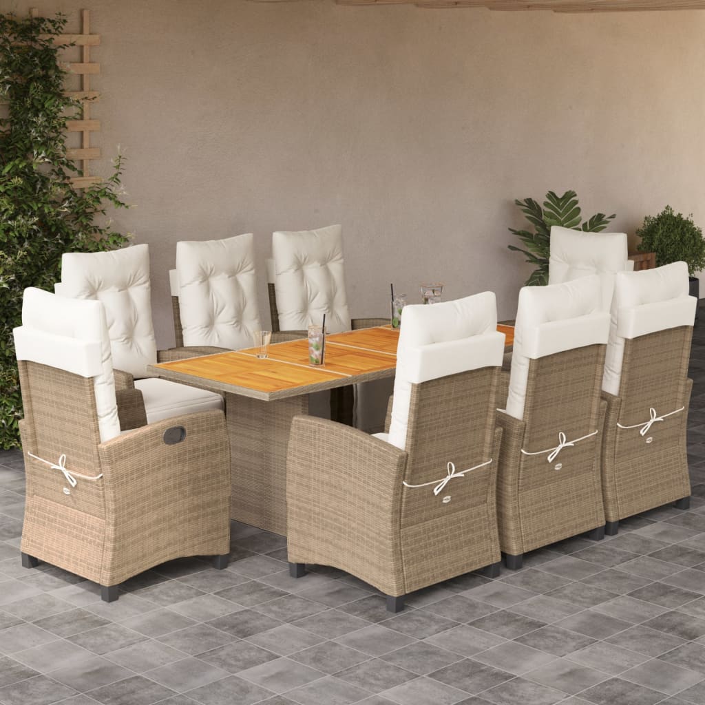 vidaXL 9-tlg. Garten-Essgruppe mit Kissen Beige Poly Rattan