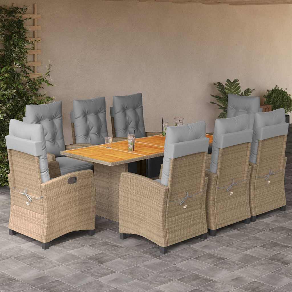 vidaXL Set de masă pentru grădină, 9 piese, cu perne, bej, poliratan