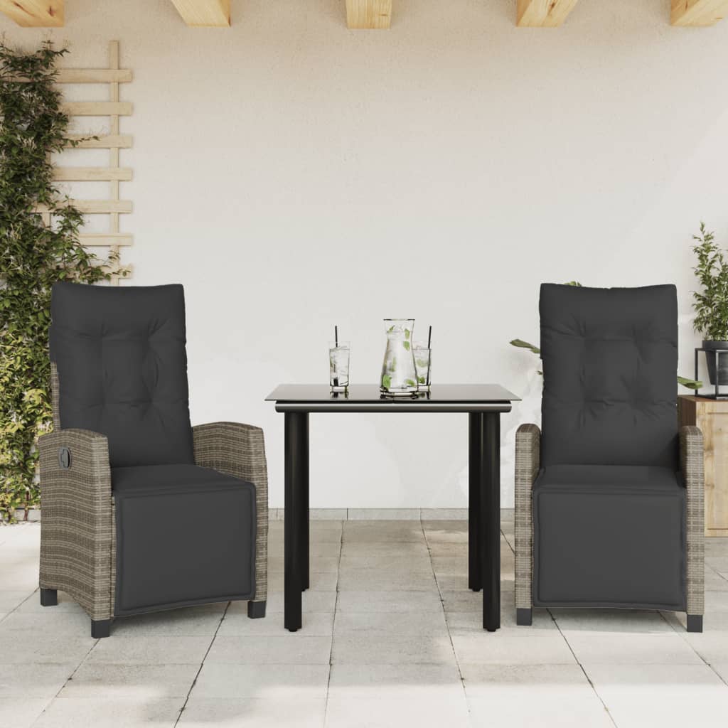 3-tlg. Garten-Essgruppe mit Kissen Grau Poly Rattan