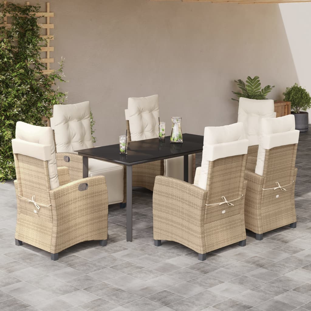 vidaXL Set de masă pentru grădină, 7 piese, cu perne, bej, poliratan