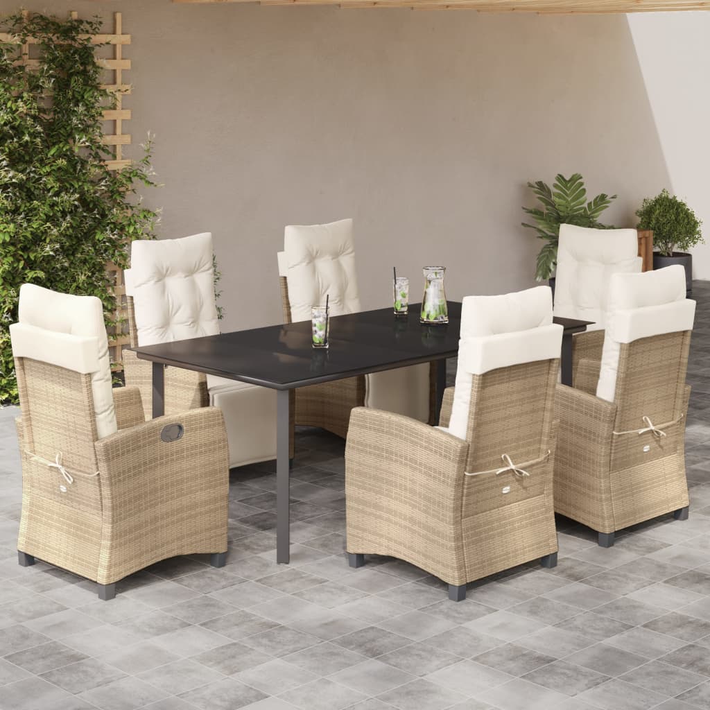 vidaXL Set de masă pentru grădină, 7 piese, cu perne, bej, poliratan