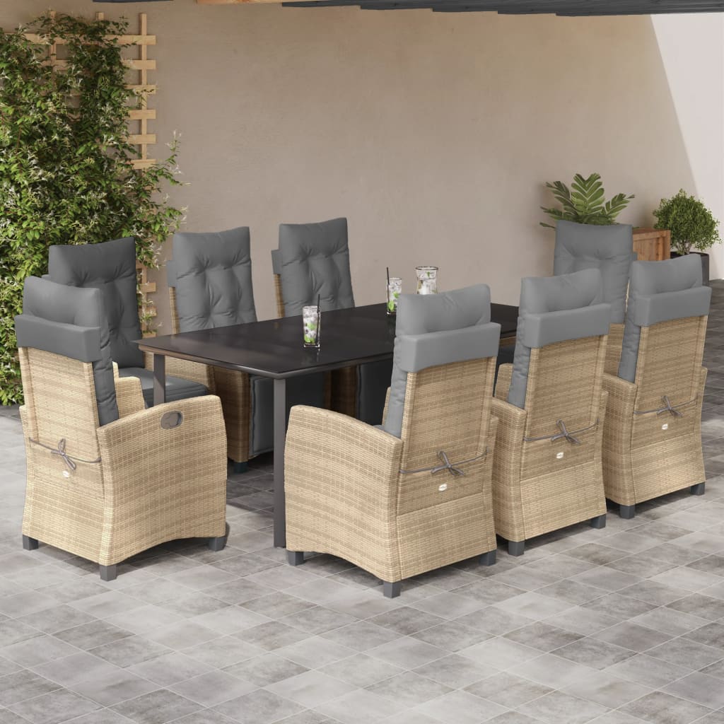 vidaXL Set de masă pentru grădină, 9 piese, cu perne, bej, poliratan