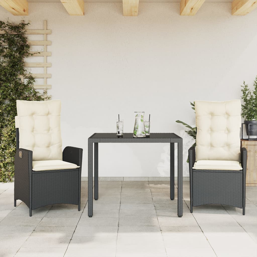 vidaXL 3-tlg. Garten-Essgruppe mit Kissen Schwarz Poly Rattan