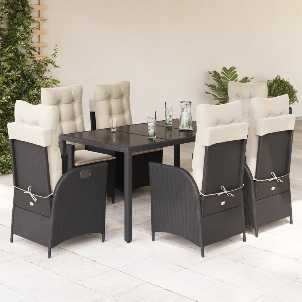 imagem de vidaXL 7 pcs conjunto de jantar p/ jardim c/ almofadões vime PE preto3