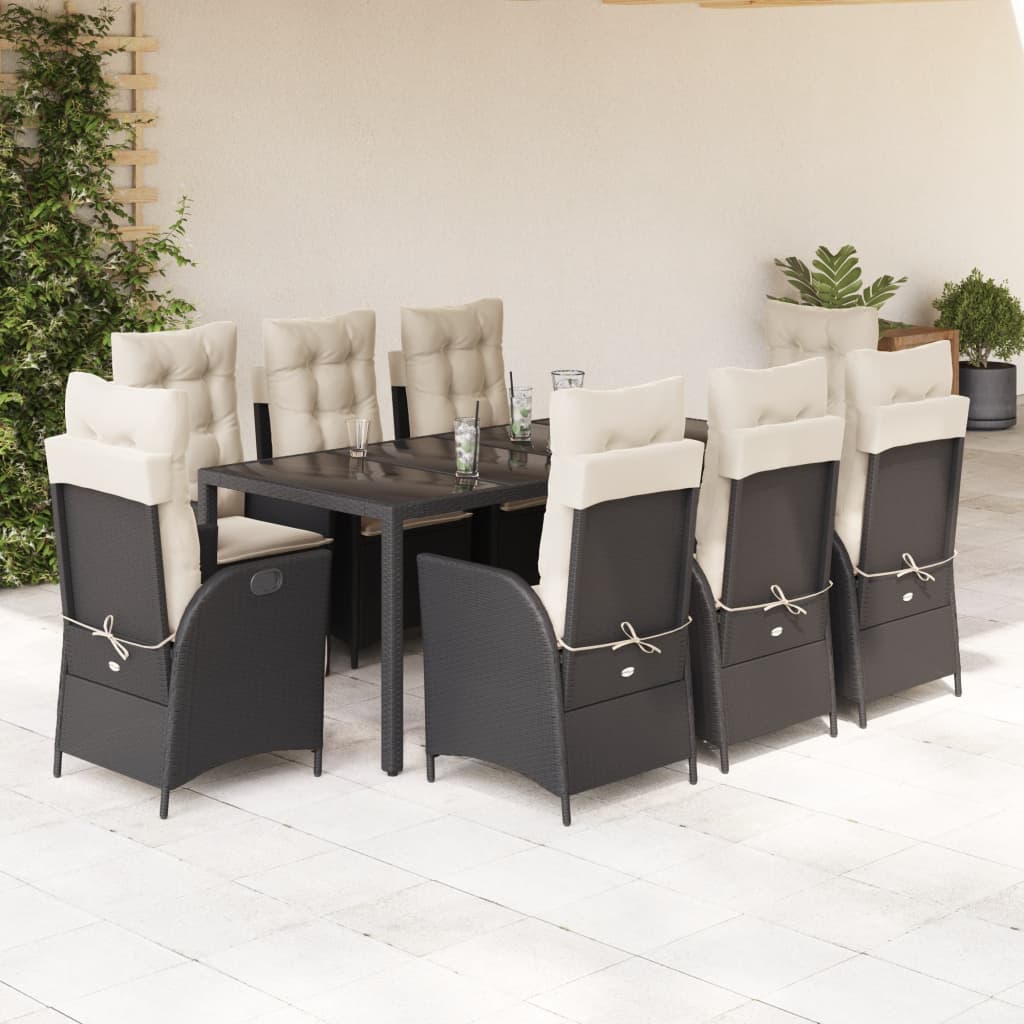 vidaXL 9-tlg. Garten-Essgruppe mit Kissen Schwarz Poly Rattan