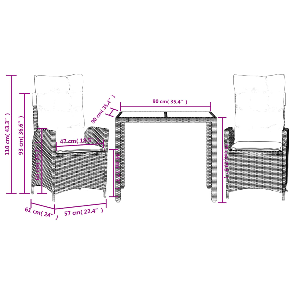 imagem de vidaXL 3 pcs conjunto de jantar p/ jardim c/ almofadões vime PE preto10