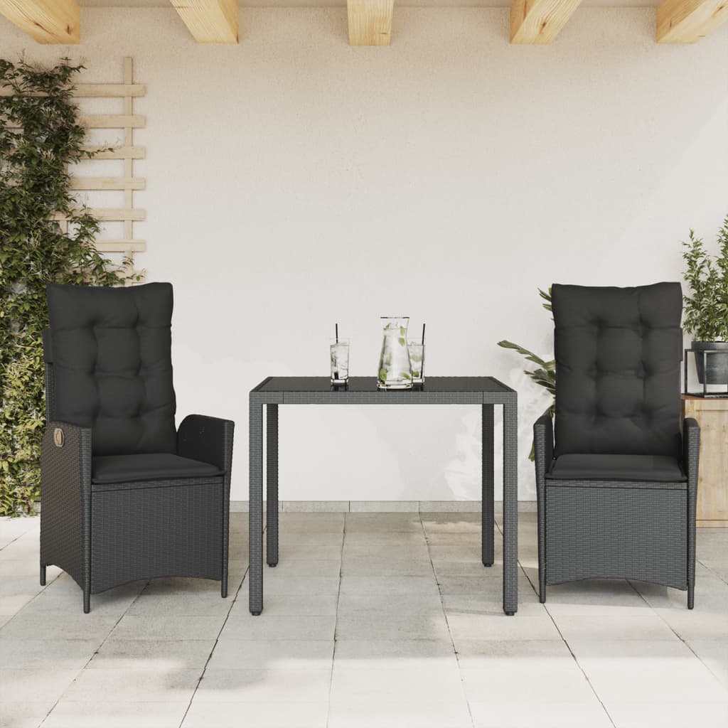 vidaXL 3-tlg. Garten-Essgruppe mit Kissen Schwarz Poly Rattan