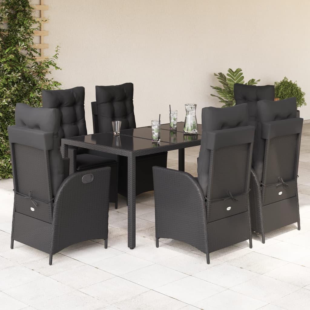 vidaXL 7-tlg. Garten-Essgruppe mit Kissen Schwarz Poly Rattan