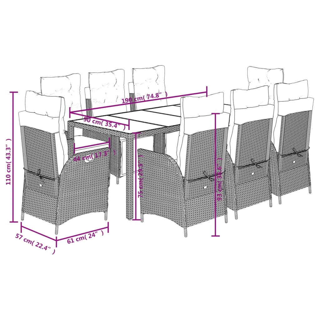 imagem de vidaXL 9 pcs conjunto de jantar p/ jardim c/ almofadões vime PE preto10