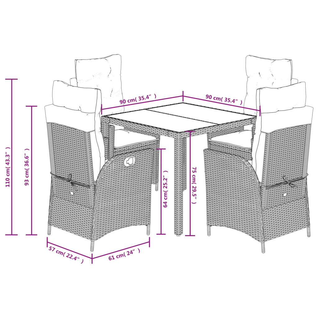 imagem de vidaXL 5 pcs conjunto de jantar p/ jardim c/ almofadões vime PE cinza10