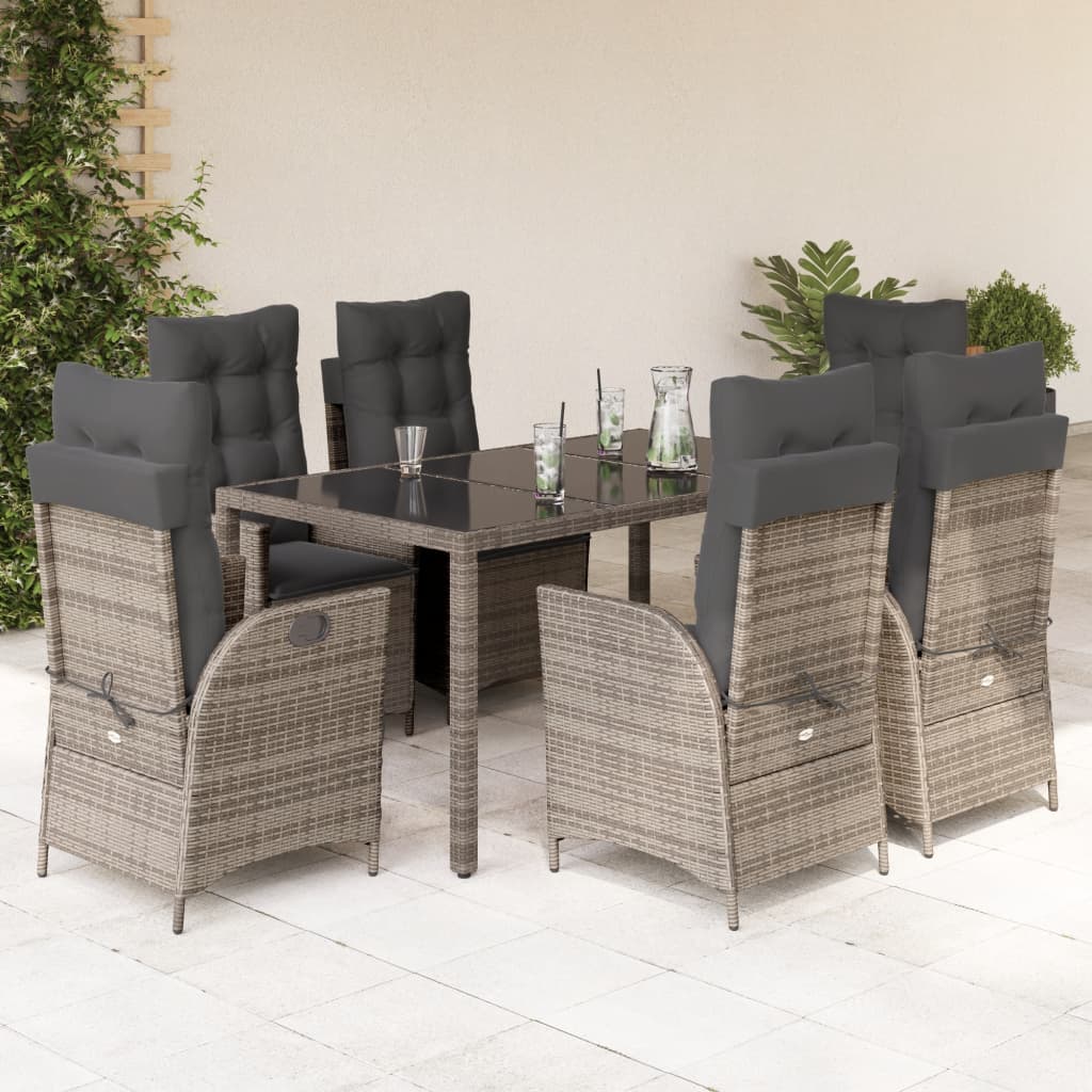 vidaXL 7-tlg. Garten-Essgruppe mit Kissen Grau Poly Rattan