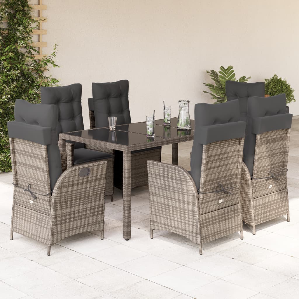 vidaXL 7-tlg. Garten-Essgruppe mit Kissen Grau Poly Rattan