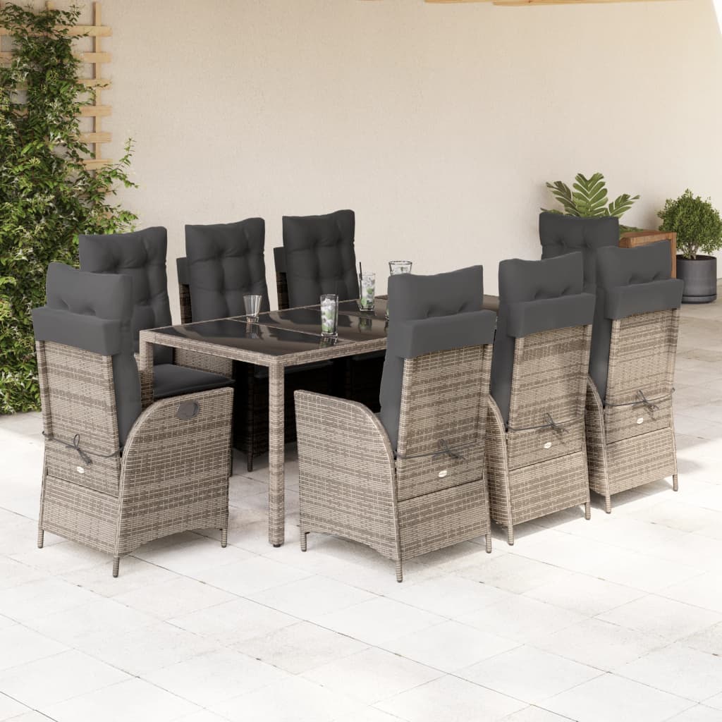 vidaXL 9-tlg. Garten-Essgruppe mit Kissen Grau Poly Rattan