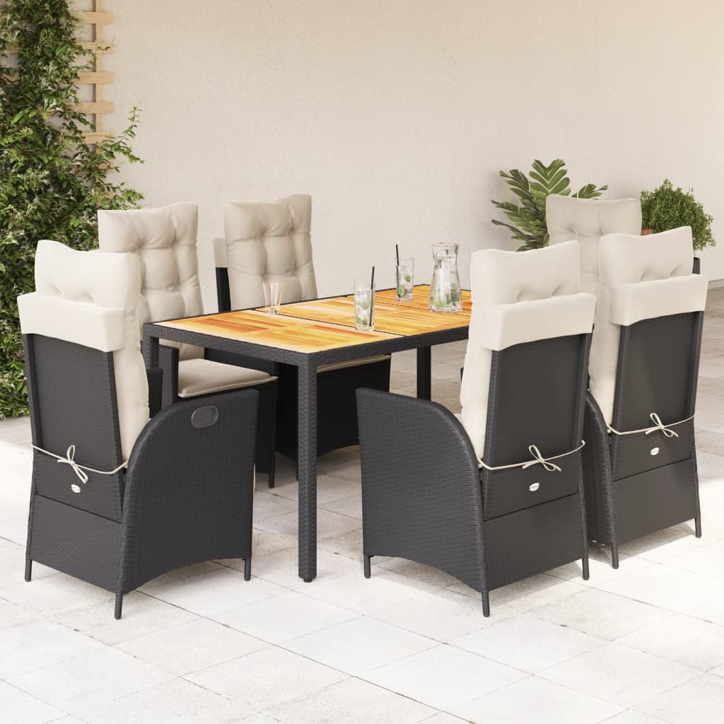 vidaXL 7-tlg. Garten-Essgruppe mit Kissen Schwarz Poly Rattan