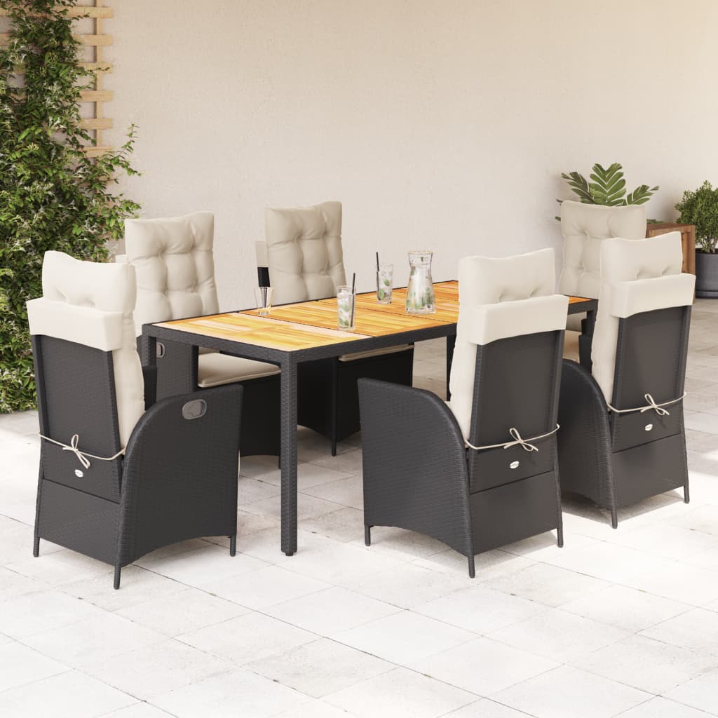 vidaXL 7-tlg. Garten-Essgruppe mit Kissen Schwarz Poly Rattan