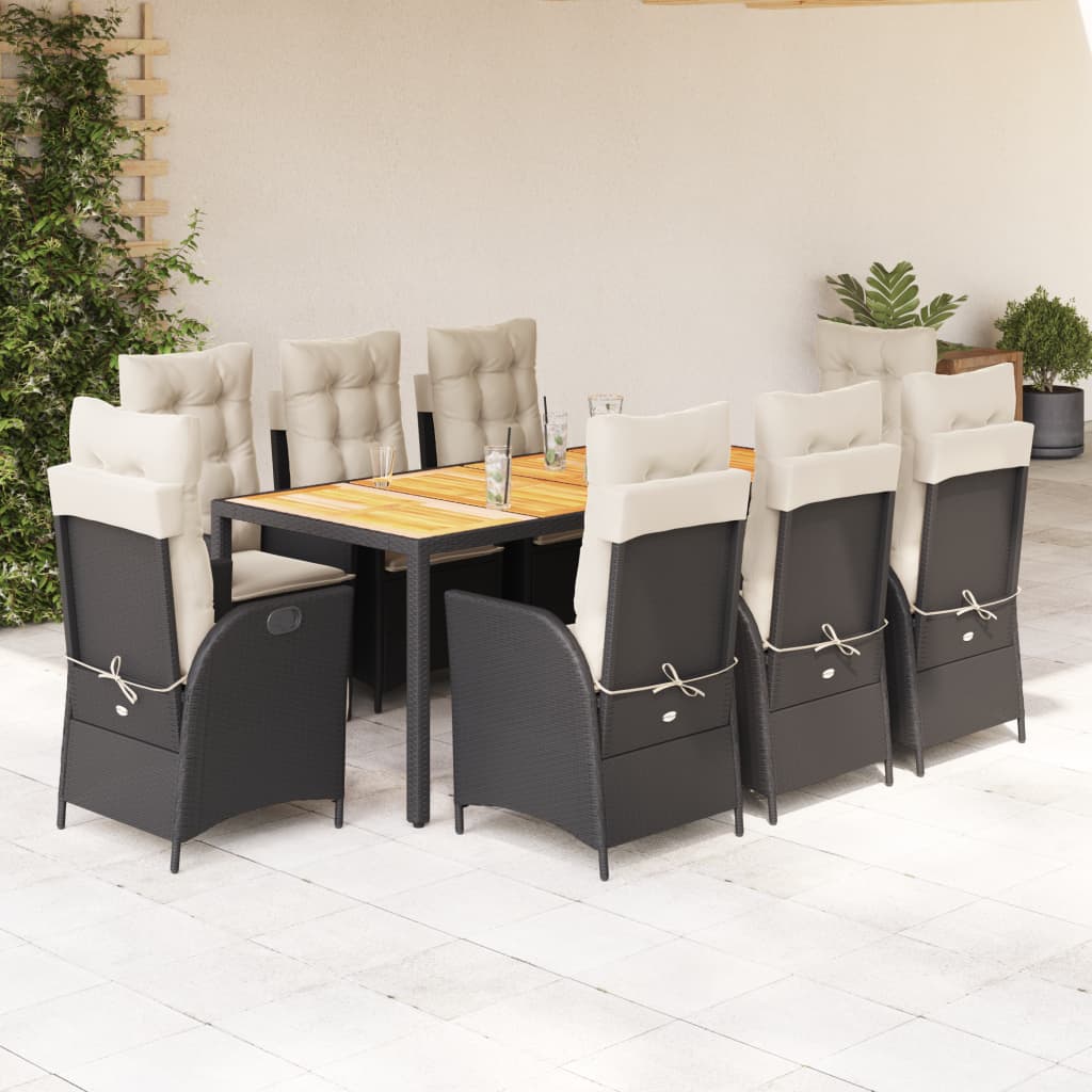 vidaXL 9-tlg. Garten-Essgruppe mit Kissen Schwarz Poly Rattan