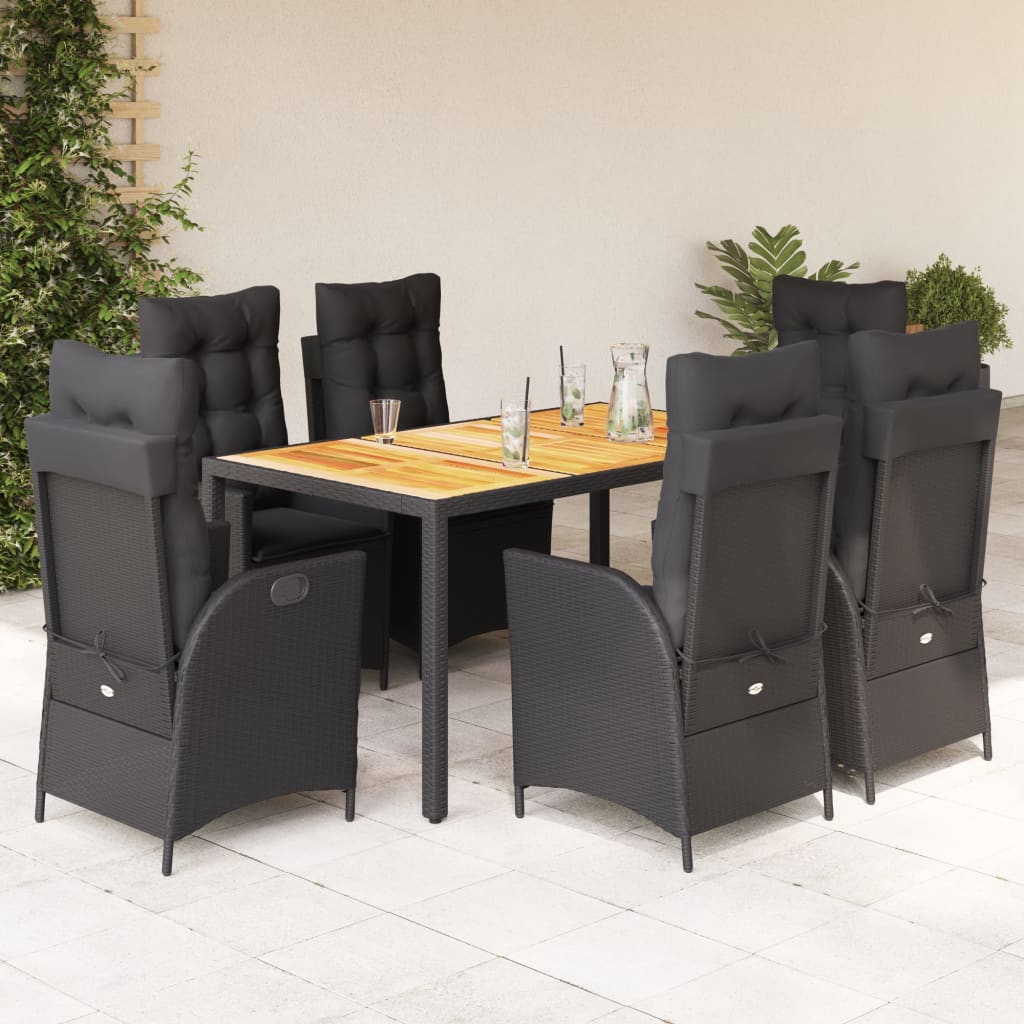 vidaXL 7-tlg. Garten-Essgruppe mit Kissen Schwarz Poly Rattan