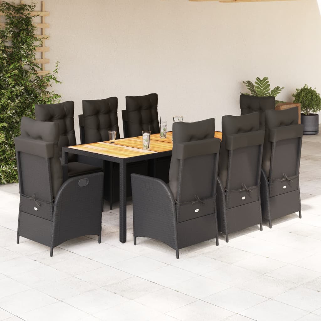 vidaXL 9-tlg. Garten-Essgruppe mit Kissen Schwarz Poly Rattan