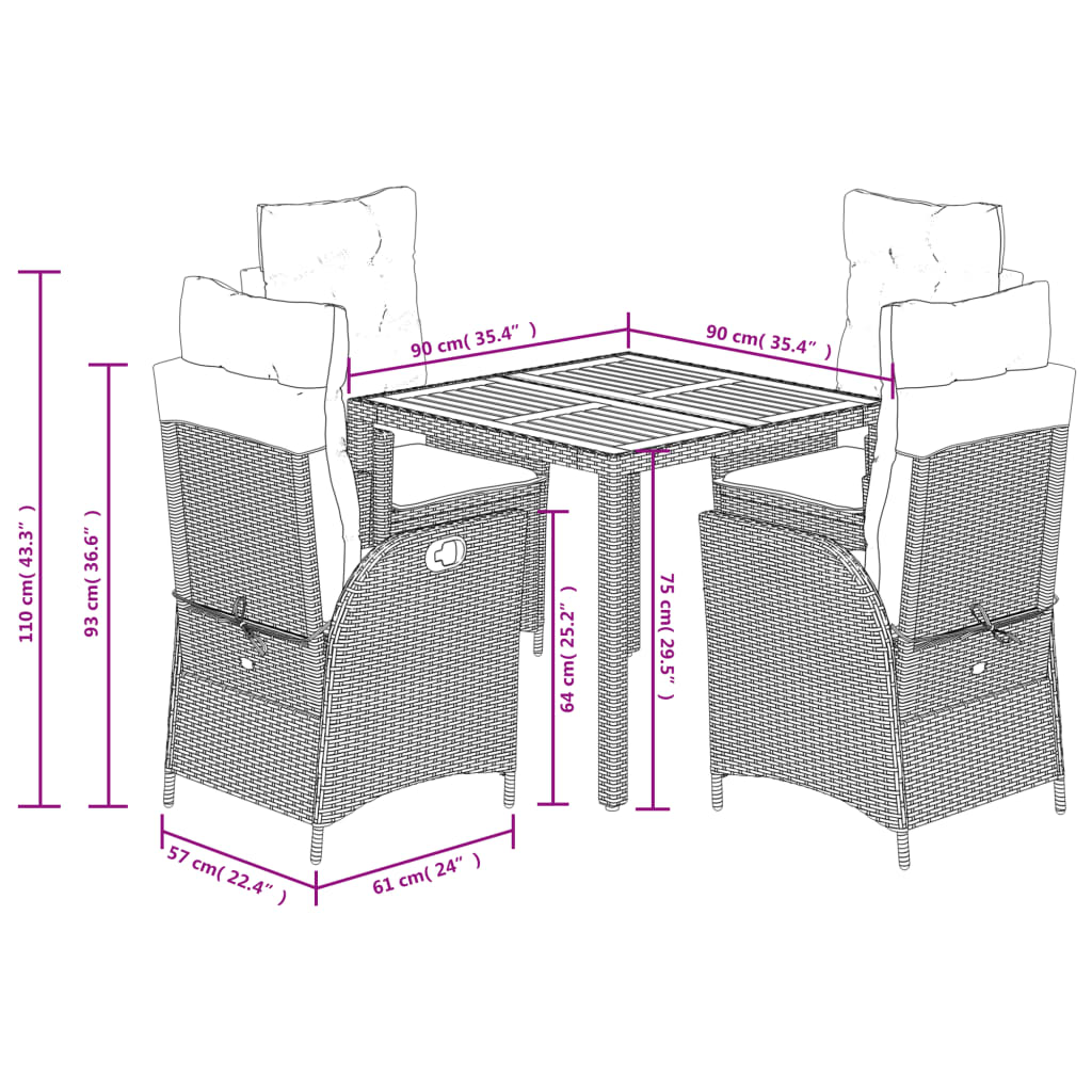 imagem de vidaXL 5 pcs conjunto de jantar p/ jardim c/ almofadões vime PE cinza10