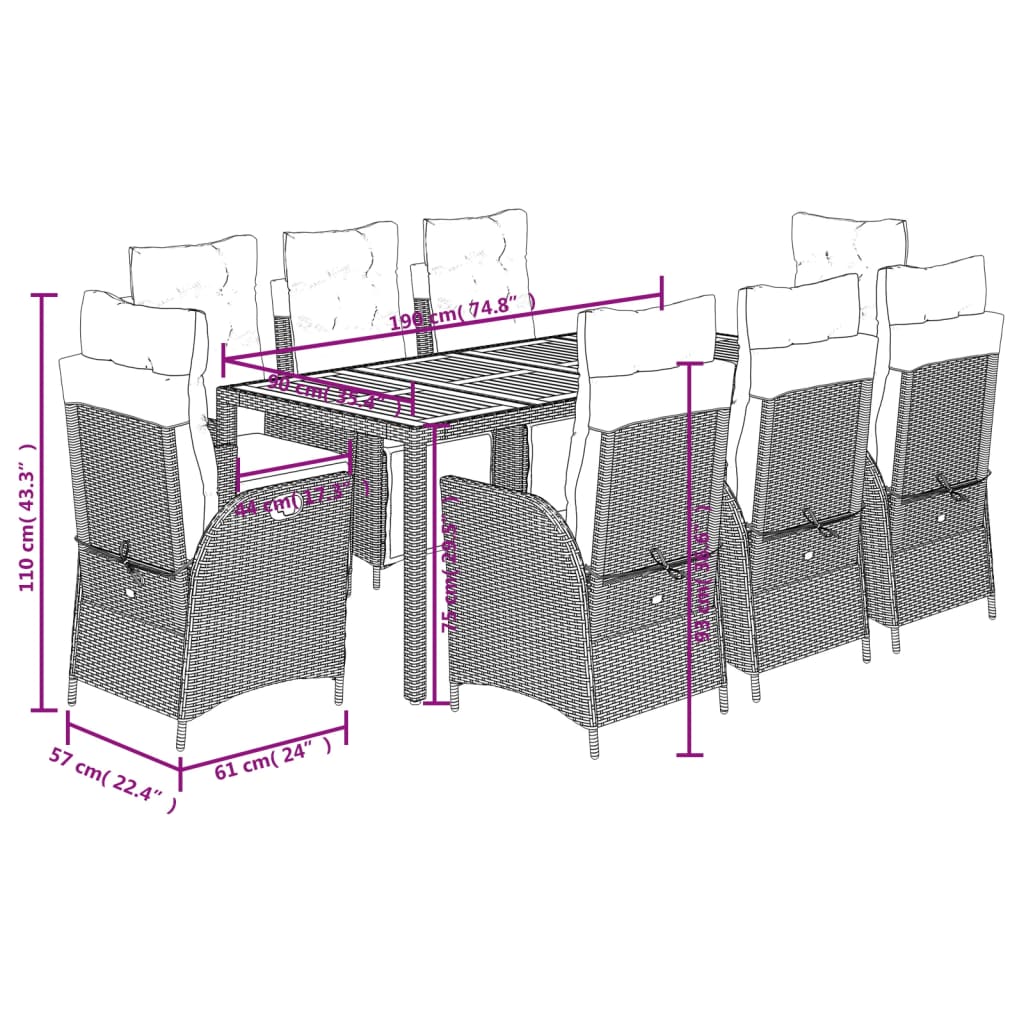 imagem de vidaXL 9 pcs conjunto de jantar p/ jardim c/ almofadões vime PE cinza10