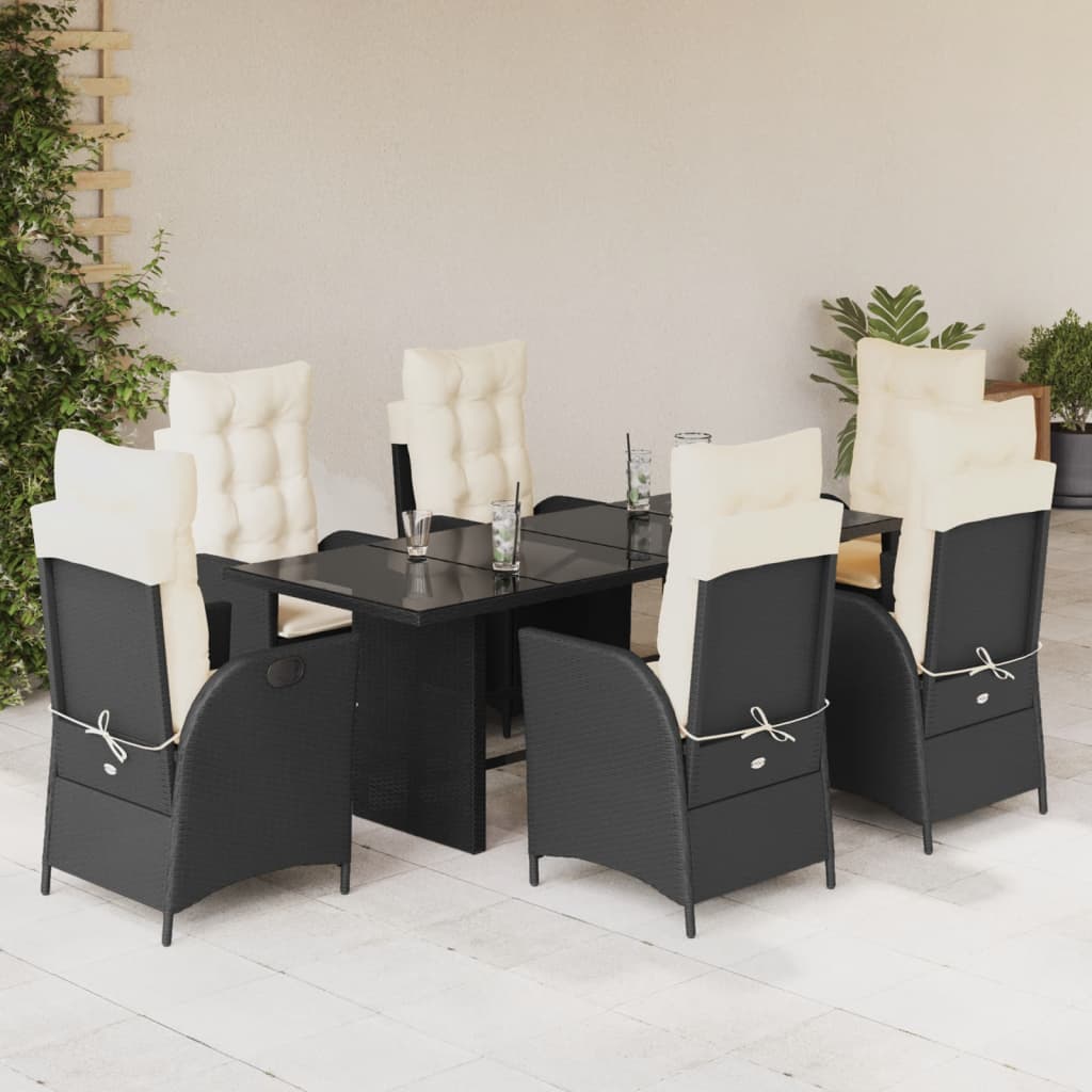 vidaXL 7-tlg. Garten-Essgruppe mit Kissen Schwarz Poly Rattan