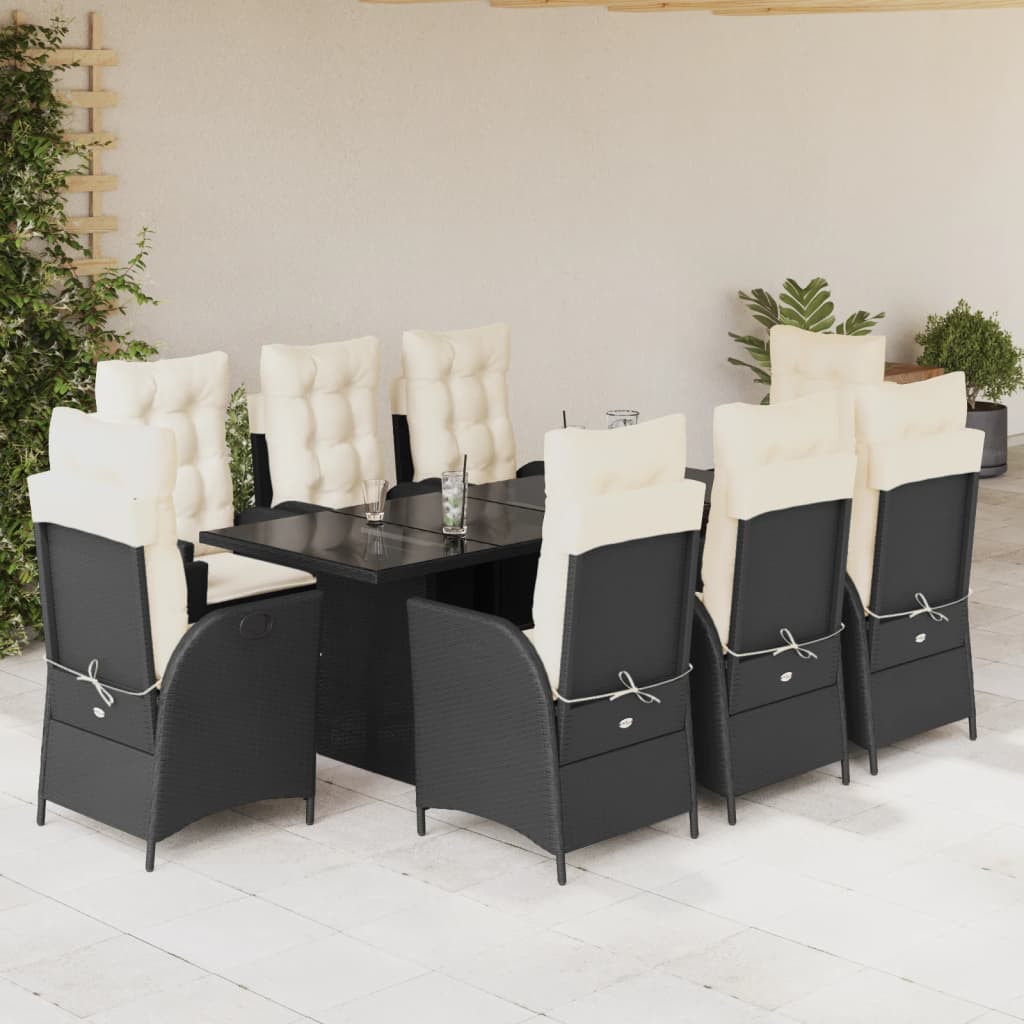 vidaXL 9-tlg. Garten-Essgruppe mit Kissen Schwarz Poly Rattan