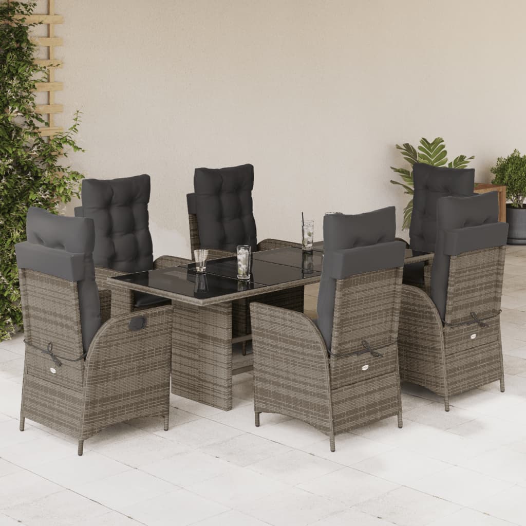 vidaXL 7-tlg. Garten-Essgruppe mit Kissen Grau Poly Rattan