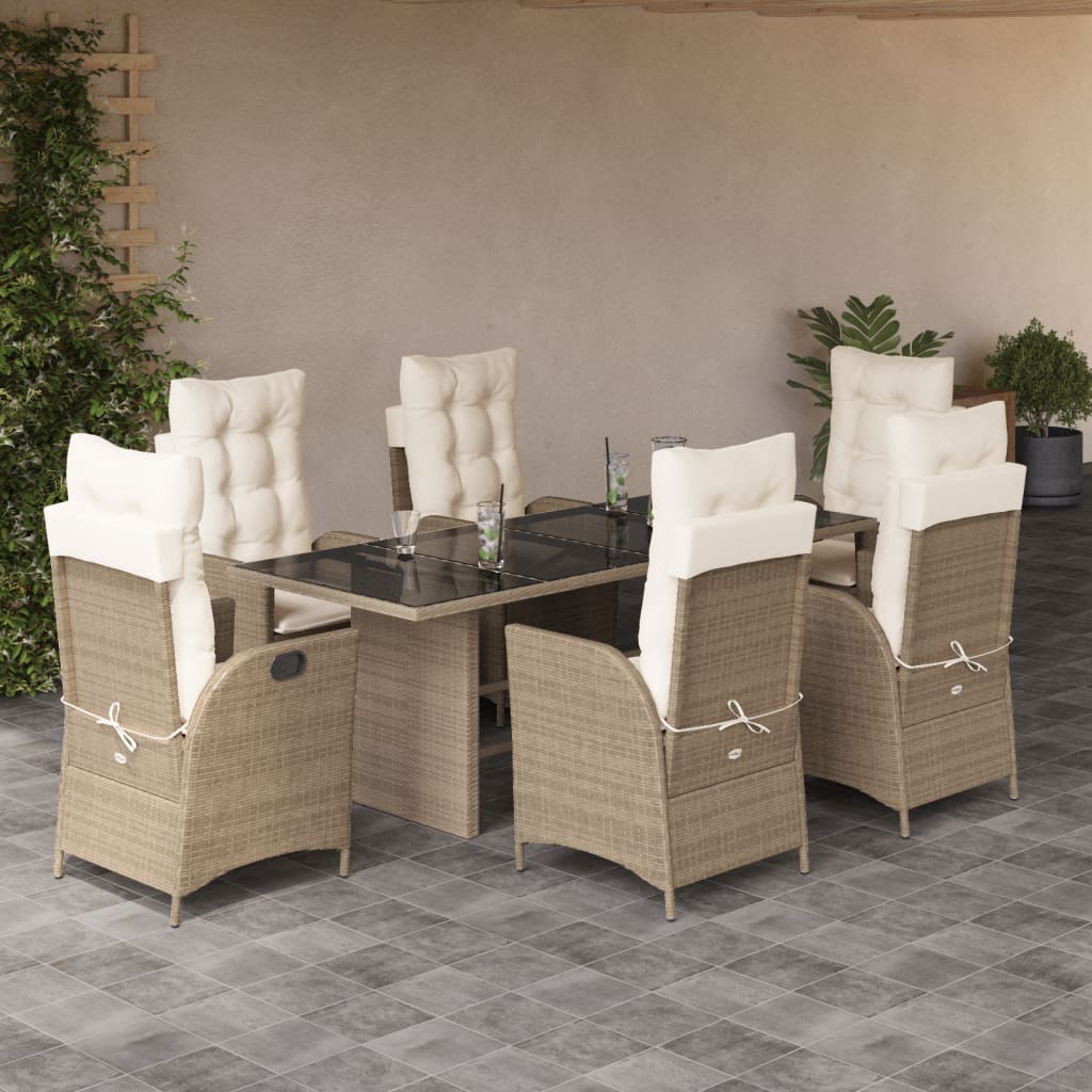 vidaXL 7-tlg. Garten-Essgruppe mit Kissen Beige Poly Rattan