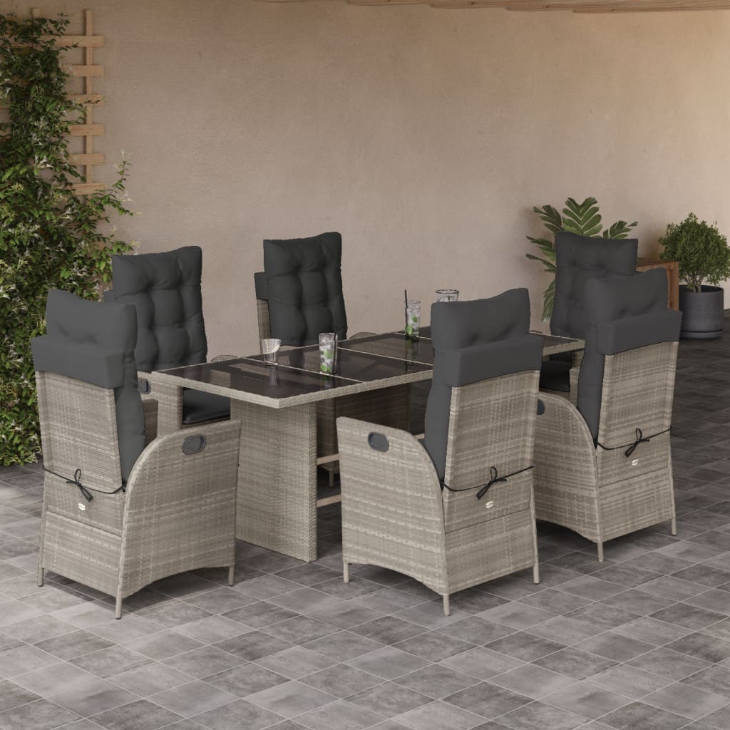 vidaXL 7-tlg. Garten-Essgruppe mit Kissen Hellgrau Poly Rattan